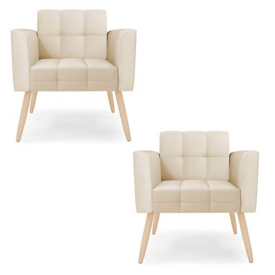 Poltrona Sala Decorativa Kit 2 Elisa Pé Palito Natural Sintético PU Bege D03 - D'Rossi