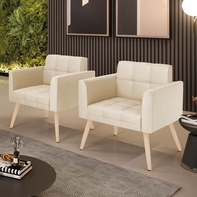 Poltrona Sala Decorativa Kit 2 Elisa Pé Palito Natural Sintético PU Bege D03 - D'Rossi