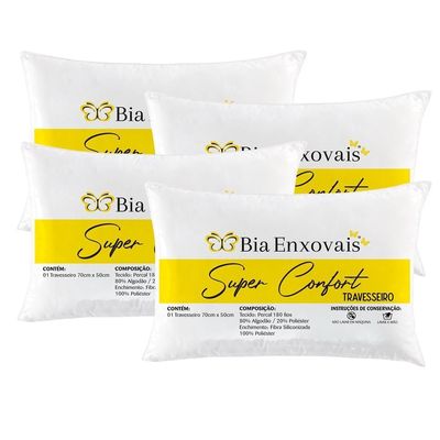 Kit 4 Travesseiros 50X70Cm Antialérgico Lavável Fibra Siliconada Macio Confort - Branco