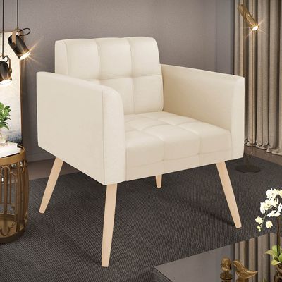 Poltrona Sala Decorativa Elisa Pé Palito Natural Sintético PU Bege D03 - D'Rossi