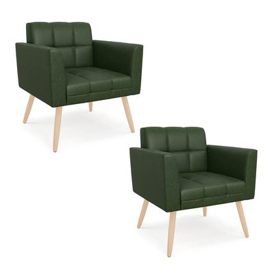 Poltrona Sala Decorativa Kit 2 Elisa Pé Palito Natural Sintético PU Verde D03 - D'Rossi