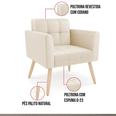 Poltrona Sala Decorativa Elisa Pé Palito Natural Sintético PU Bege D03 - D'Rossi