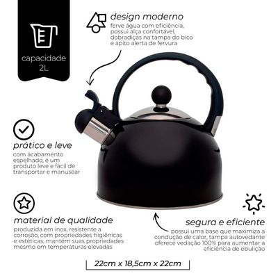 Chaleira Inox Preta Com Apito 2 Litros Mimo Style Bule De Chá Para Ferver Água Jarra Portátil Com Alça