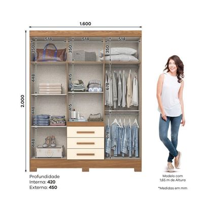 Guarda Roupa 4 Portas 3 Gavetas Com Pés Em Abs Nature Com Off White