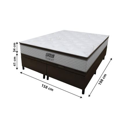 Cama Box Baú Queen Colchão Molas Pocket Ensacadas Tower 158x198x75cm Branco / Marrom Gazin
