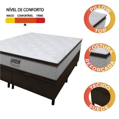 Cama Box Baú Queen Colchão Molas Pocket Ensacadas Tower 158x198x75cm Branco / Marrom Gazin