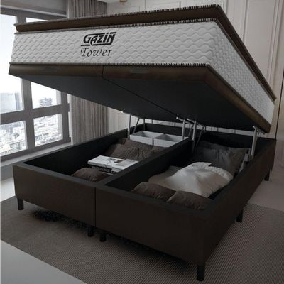 Cama Box Baú Queen Colchão Molas Pocket Ensacadas Tower 158x198x75cm Branco / Marrom Gazin
