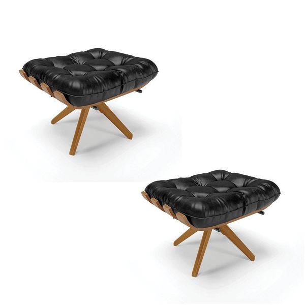 Kit 02 Puffs Giratório Costela Corano Preto Base Madeira