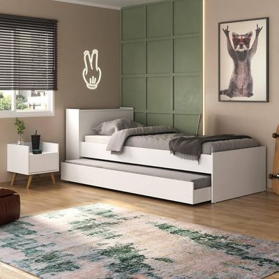 Conjunto Quarto Bicama Com Colchão E Baú/mesa De Cabeceira Retrô Multimóveis Mp4222 Branco/natural Branco/natural