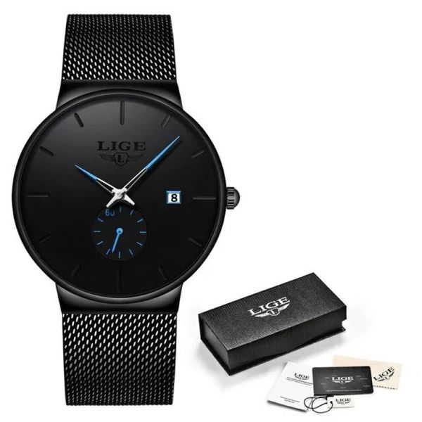 Relógio de Quartzo Masculino casual Aço Impermeável Preto Azul