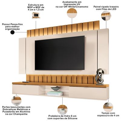 Painel Para TV 70 Pol Ripado com Bancada Suspensa Luzzi B01 Off White Cinamomo - Lyam Decor