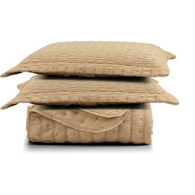 Kit Colcha Cobre Leito Scarpa Plissê Queen Seersucker 3 Peças Maciez E Leveza Textura  Bege Mel