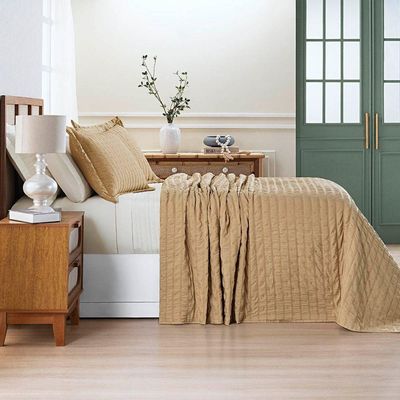 Kit Colcha Cobre Leito Scarpa Plissê Queen Seersucker 3 Peças Maciez E Leveza Textura  Bege Mel