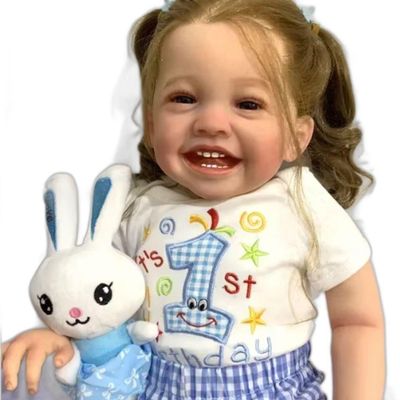 Bebe Reborn Menina Sorridente Corpo De Pano Macio Cabelo Implantado Fio A Fio