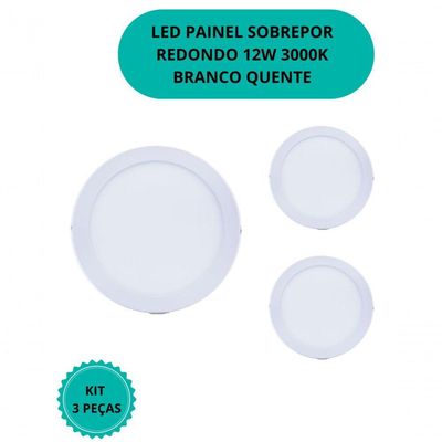 Plafon Led Sobrepor 12w Redondo 3000k Branco Quente Bivolt - Kit Com 3 Un.
