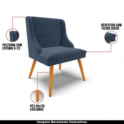 Kit 5 Cadeiras Decorativas Sala de Jantar Pés Palito de Madeira Firenze Suede Azul Marinho/Natural G19 - Gran Belo