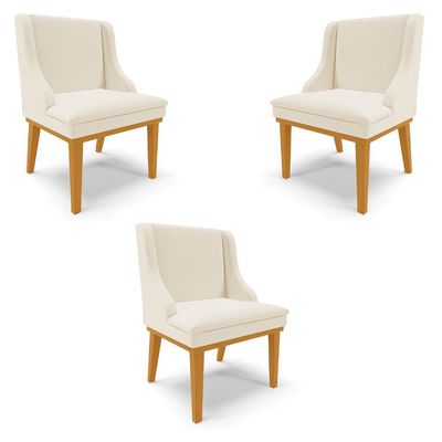 Kit 3 Cadeiras Decorativas Sala de Jantar Base Fixa de Madeira Firenze Linho Bege/Castanho G19 - Gran Belo