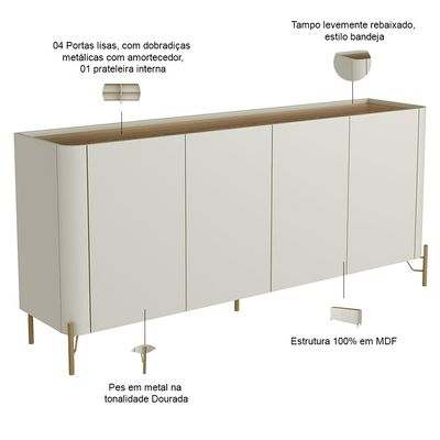 Aparador Buffet Para Sala de Jantar 4 Portas Pés Industrial Dourado Naim I03 Luna Louro - Lyam Decor