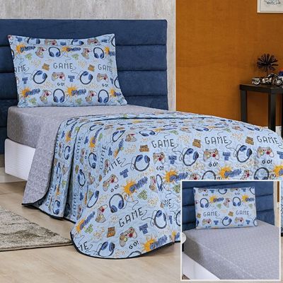Enxoval Kit Colcha + Jogo De Cama Lençol Bouti Solteiro Infantil Kids 4 Peças 100% Poliéster - Game