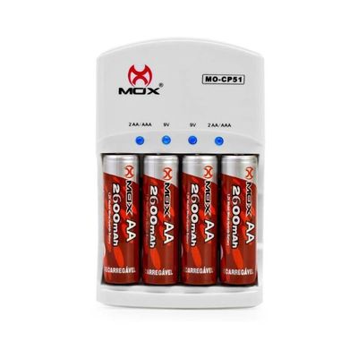 Carregador De Pilhas Auto Stop com 4 Pilhas 2600mAh Bivolt Mox-CP51