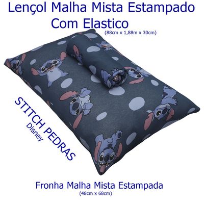 Jogo de Cama Portallar Solteiro Malha Mista Estampado Disney Stitch Pedras 2 Pçs Azul