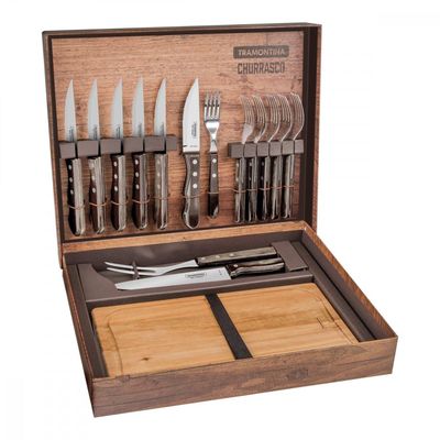 Kit para Churrasco Tramontina com Laminas em Aço Inox e Cabos em Madeira Polywood Castanho com Caixa de Papelão 15 Peças