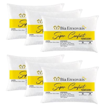 Kit 6 Travesseiros 50X70Cm Antialérgico Lavável Fibra Siliconada Macio Confort - Branco
