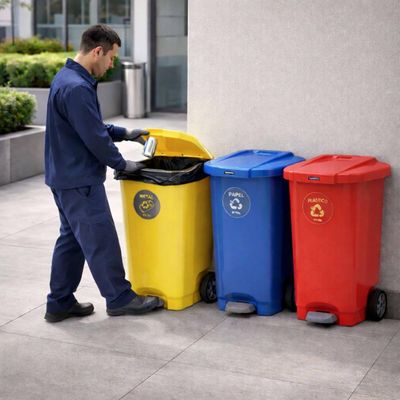 Lixeira Plástica Coleta Seletiva Amarela Rodinha Tramontina 100L Reciclagem de Metal