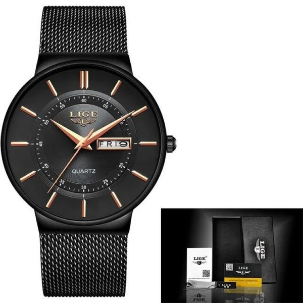 Relógio de Quartzo Ultrafino Impermeável Masculino com Pulseira de Aço Rosa preta