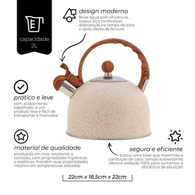 Chaleira Inox Com Apito Mármol 2 Litros Mimo Style Bule De Chá Para Ferver Água Jarra Portátil Com Alça