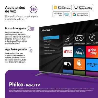 Smart TV 60" Philco 4K Roku Borda Infinita P60CRA Bivolt