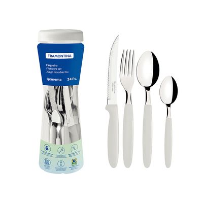 Faqueiro Ipanema com Lâminas Inox, Cabos de Polipropileno Branco e Pote Plástico 24pçs - Tramontina Branco