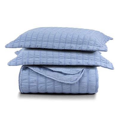 Kit Colcha Cobre Leito Plissê Casal Seersucker Premium 3 Peças Maciez e Leveza com Textura 3D Azul Mineral