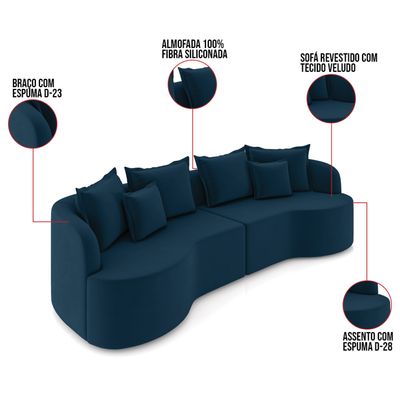 Sofá 4 Lugares Orgânico Living 250cm Mersa Veludo Azul Mnh K01 - D'Rossi
