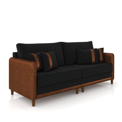 Sofá 3 Lugares Living 192cm Pé Madeira Valença Marrom/Veludo Preto K01 - D'Rossi