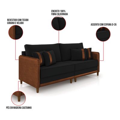 Sofá 3 Lugares Living 192cm Pé Madeira Valença Marrom/Veludo Preto K01 - D'Rossi