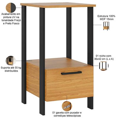 Mesa Auxiliar Para Escritório 01 Gaveta Industrial Batel D03 Freijó Preto Fosco - Lyam Decor