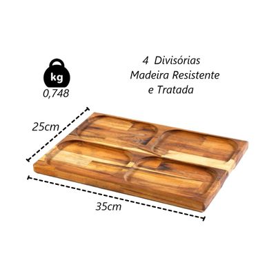 Tábua de Frios Petisqueira Retangular 4 Divisórias 25x35cm