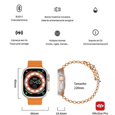Smartwatch W69 Ultra Max Serie 8 49mm NFC, GPS 2,2" DS Preto
