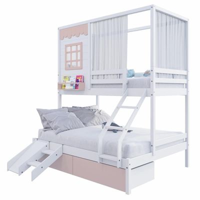 Beliche Casinha Reta Casal/ Solteiro 02 Gavetas Rosa Escorregador E Cortina Madeira Maciça Branco/ Rosa Housin