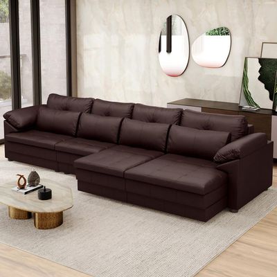 Sofá Retrátil Para Sala de Estar 5 Lugares 379cm Riza S03 Couro Caramelo - Lyam Decor