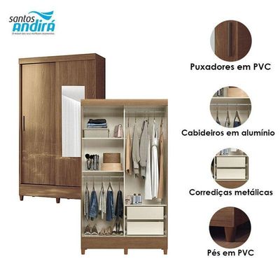 Guarda Roupa Solteiro 2 Portas De Correr Com Espelho E Pés Fit Jequitibá Acetinado- Santos Andirá