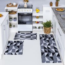 Kit Passadeira Tapete Cozinha 3 Peças Jacquard Base Antiderrapante - Losango Preto e Branco