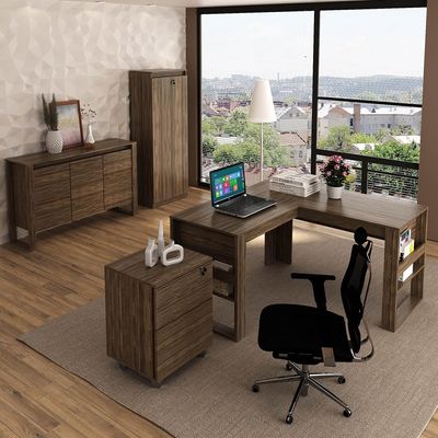Escritório Completo com Mesa Angular Armário Alto Balcão e Gaveteiro Moon MDP Nogal - Gran Belo