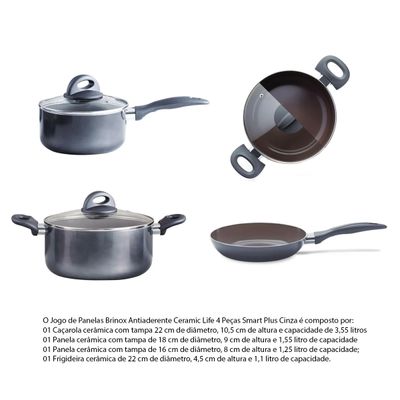 Jogo de Panelas Smart Plus Cinza Antiaderente Ceramic Life 4 Peças - Brinox 4791/113