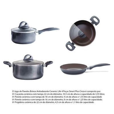 Jogo de Panelas Smart Plus Cinza Antiaderente Ceramic Life 4 Peças - Brinox 4791/113