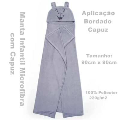 Manta com Capuz Buettner Microfibra Infantil Teddy 90cmx90cm Cinza Claro