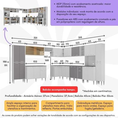 Armário De Cozinha Modulada 12 Pçs Com Balcão De Pia Siena Multimóveis Mp2240 Branco-lacca Fumê