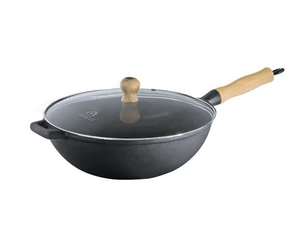 Panela Frigideira Wok Em Ferro Fundido Com Tampa Vidro 28 Cm