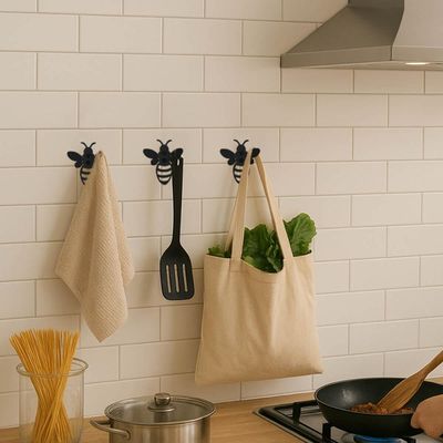 Kit 3 Ganchos Cabideiro Multiuso Abelha Fixação Parede Porta Aço Carbono Preto Masutti
